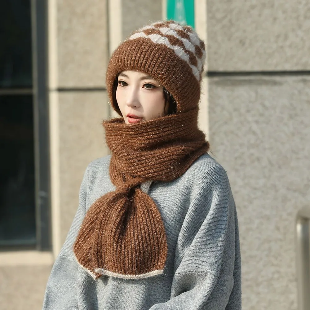 

Casual Windproof Knitted Hat Scarf Thickened Winter Warm Ear Protection Cap Neck Warmer Beanie Hat for Women