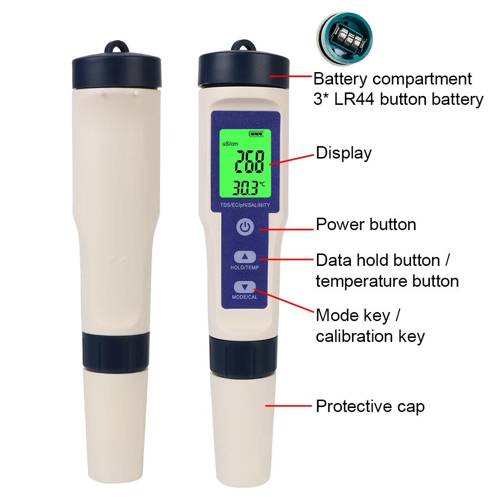 5 in 1 PH/TDS/EC/SALT/TEMP Water Quality Detector Temperature Hydrogen-rich Meter Purity Measure Tool