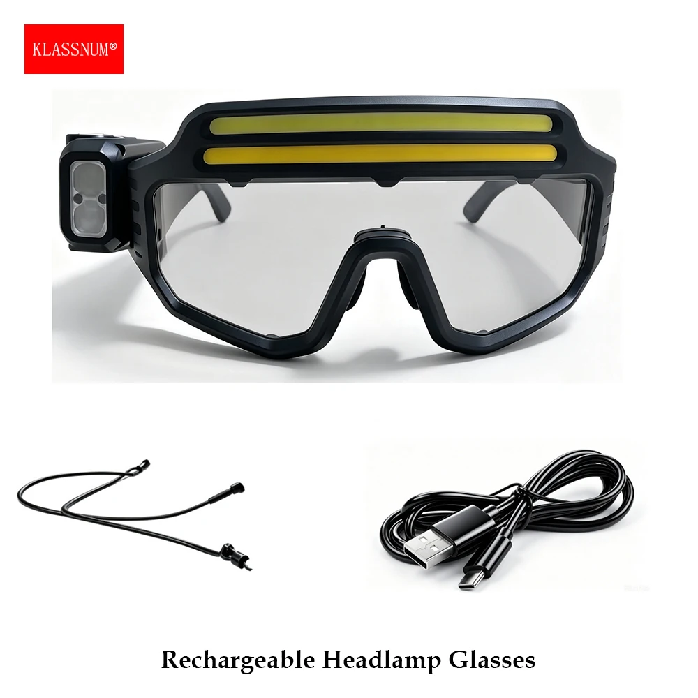 KLASSNUM Work Safety Glasses Type-C Rechargeable LED Headlamp Goggles with Smart Motion Sensor for Cycling Camping Repairs Tool