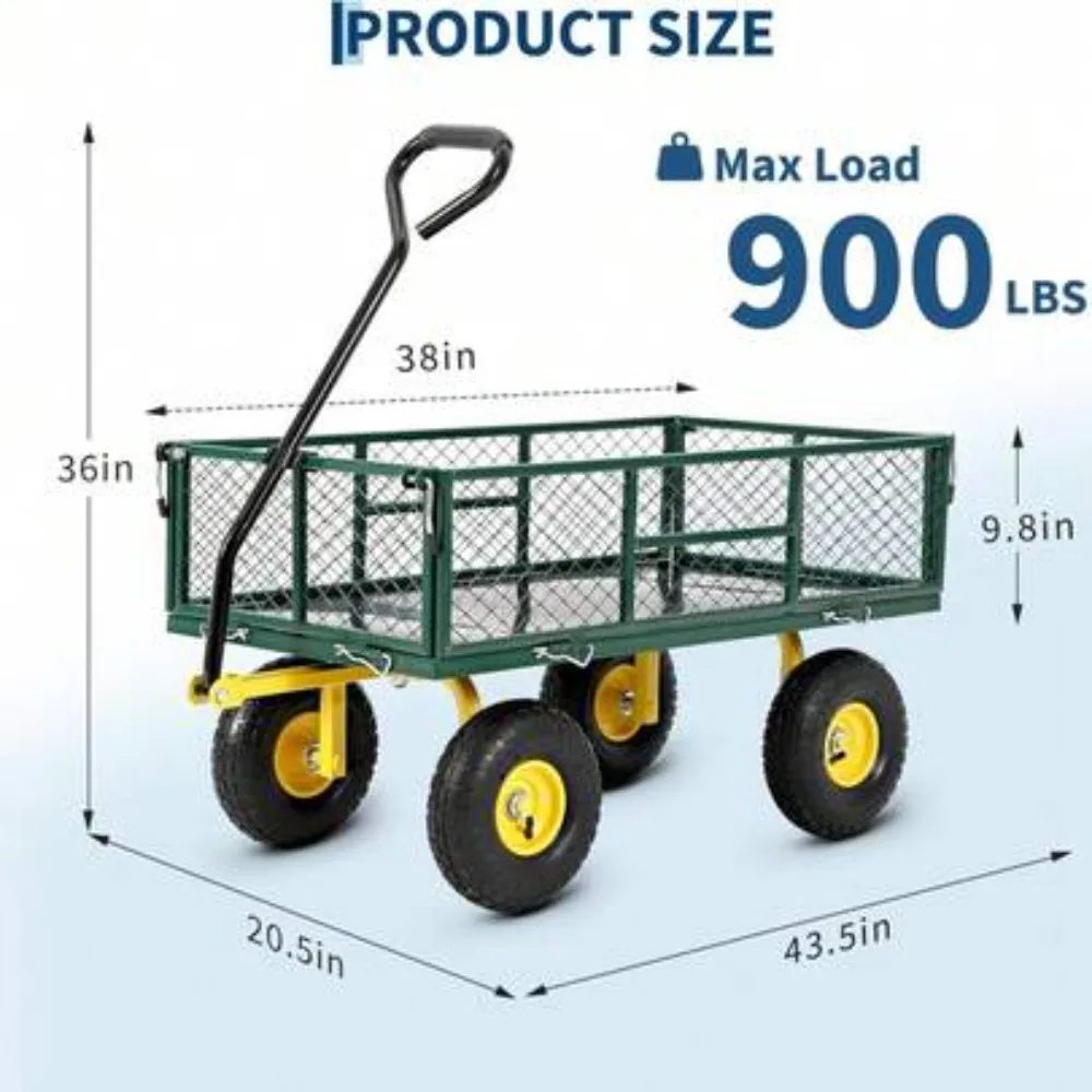 900 Lbs Heavy Duty Steel Garden Utility Wagon Cart, Removable Mesh Side Panels, 180 Degree Rotating Handle, All Terrain Wheels, Folding Towing Yard Cart for Mulch, Soil, Firewood, Plants, Tools, Landscaping, Gardening, Farm Ranch