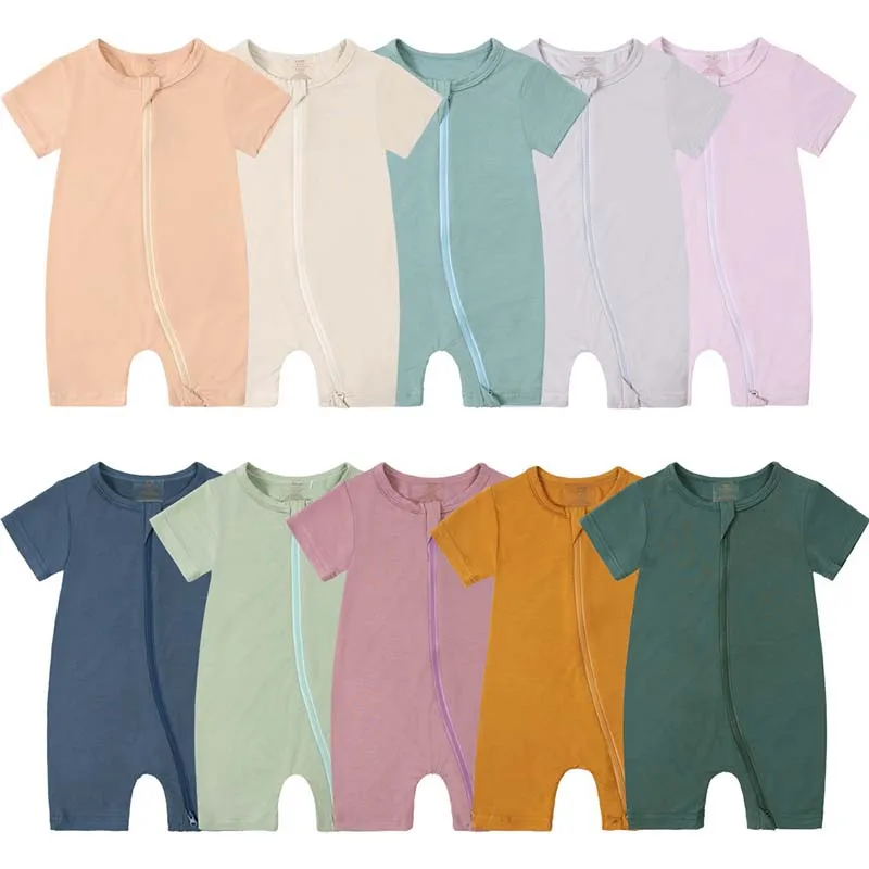 

Newborn Baby Clothes Boy Girl Bodysuit Bamboo Fibre Zip Up One-Piece Onesies Pure Colour Short Sleeves Crawl Suit Summer Outfits