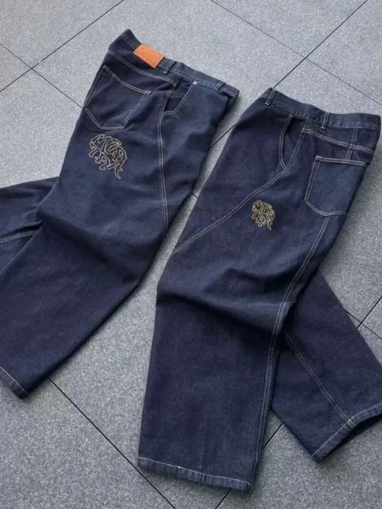 

HOUZHOU Vintage Letter Embroidered Jeans Women Gothic Hip Hop Wide Leg Denim Pants American Retro Streetwear Baggy Trousers