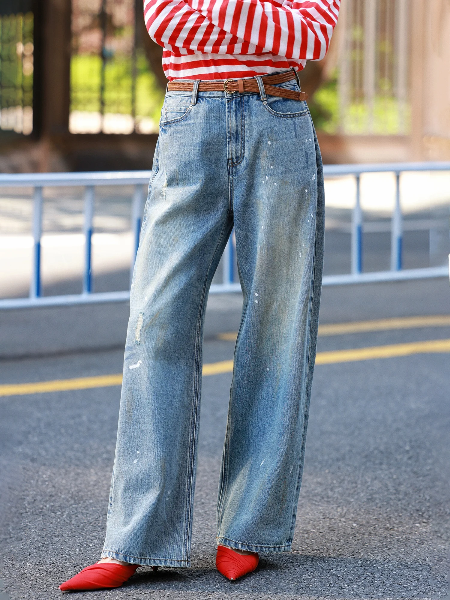 

WinnieTang Ретро джинсовая талия спрей-чернила снежинка точка прямые свободные утягивающие универсальные джинсы длинные брюки с высокой талией широкие штанины