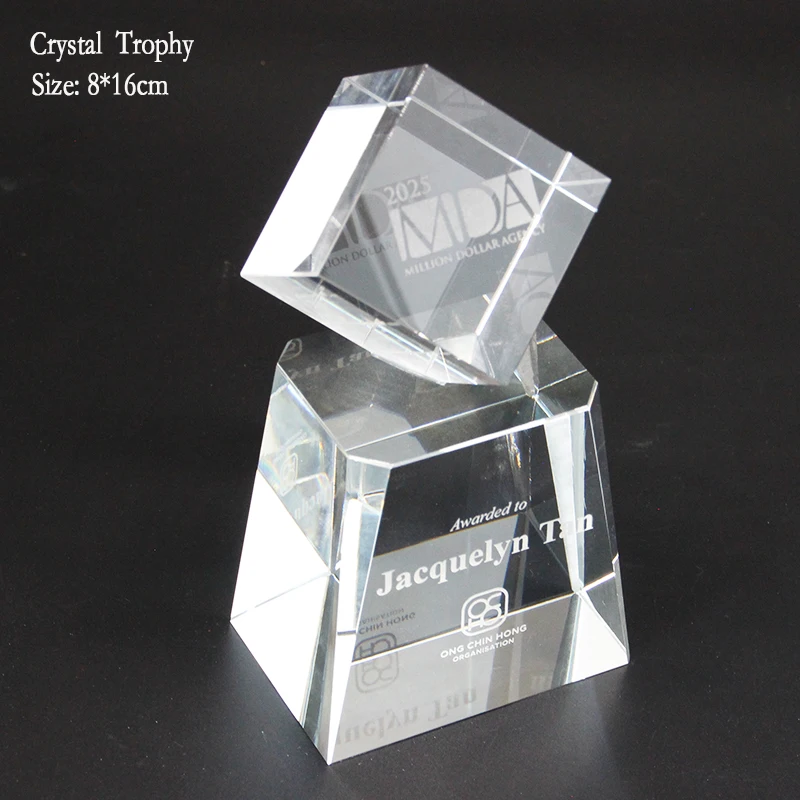 Crystal Standing Cube Tower Award, Gift. Award for Excellence, Achievements, Years of Service, Retirement, Graduation, Club Memb