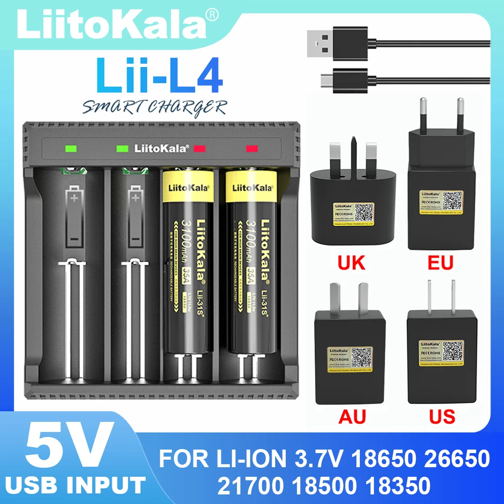 Liitokala Lii-402 Lii-L4 Lii-202 Lii-L2 5V EU AU US UK Plug for 3.7V 18650 18350 26650 18490 14500 21700 Battery Smart Charger