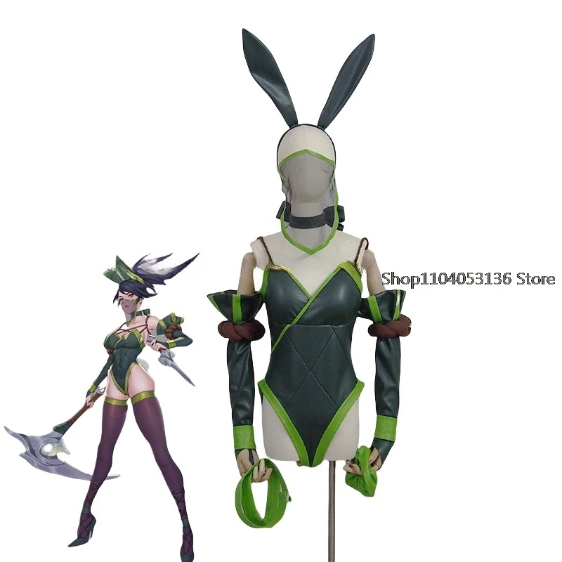 

LOL Akali Cosplay Costume Halloween Costumes Custom made size The Rogue Assassin Green Bunny Sexy Suits