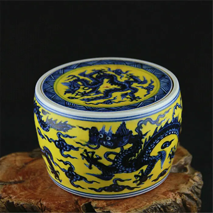 Chinese Blue and White Porcelain Jar Ming Xuande Yellow Glaze Dragon Design Pot 5