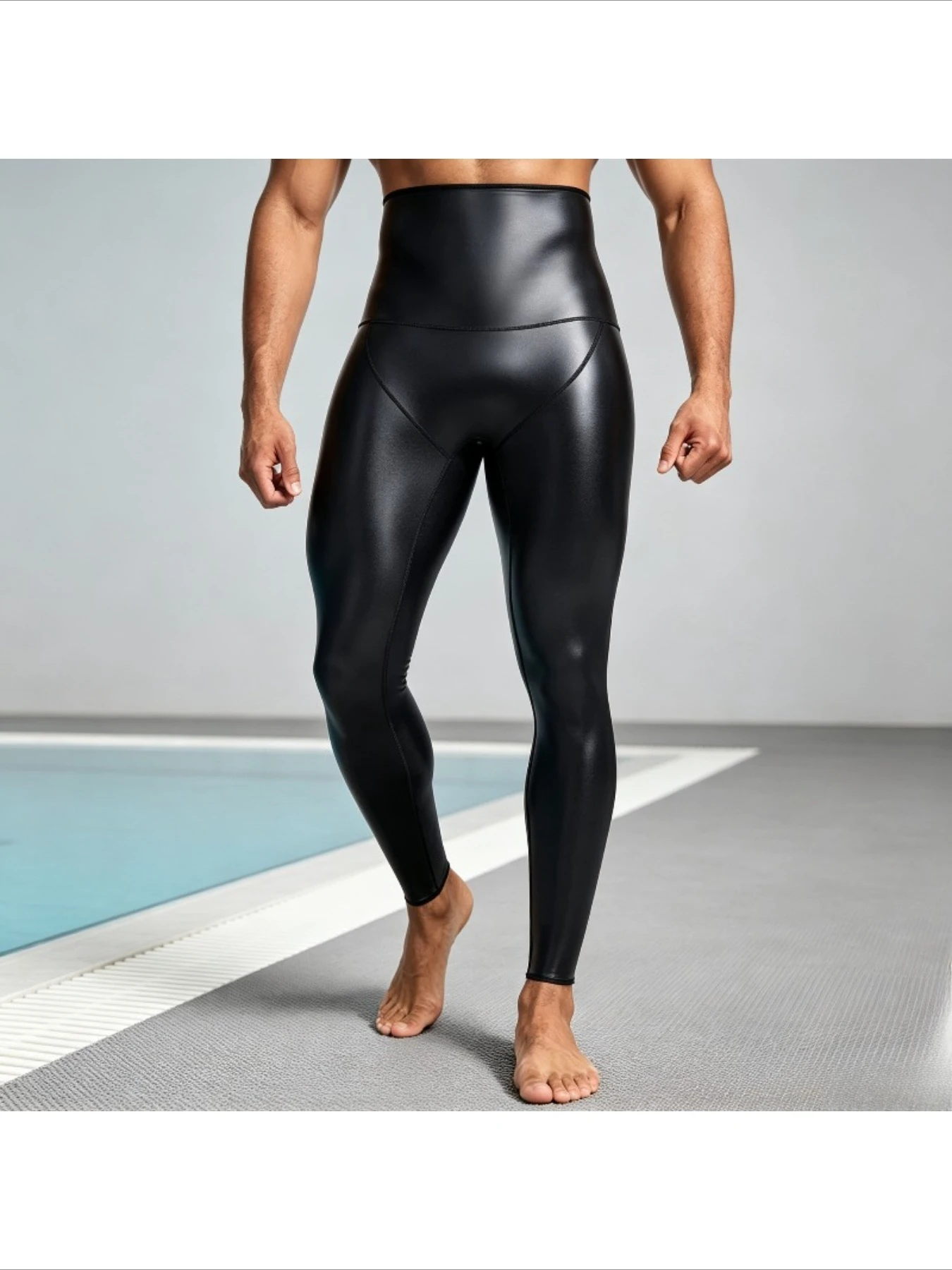Stage Performance Pants Men's Waist Trainer PU Leather Pants High Waist Abdomen Control Shaping Trousers for Fitness Training