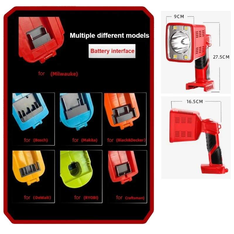 LED Spotlight Working Lamp Portable Outdoor Emergency Lighting Foldable Flashlight for Milwaukee/DeWalt/Makita Li-ion Battery