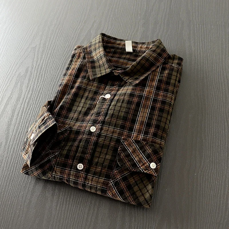 Cotton Autumn New Fashion Plaid Brushed Workwear Polo Collar Long Sleeve Coat Outdoor Trekking Camping Hiking Climbing Blouse