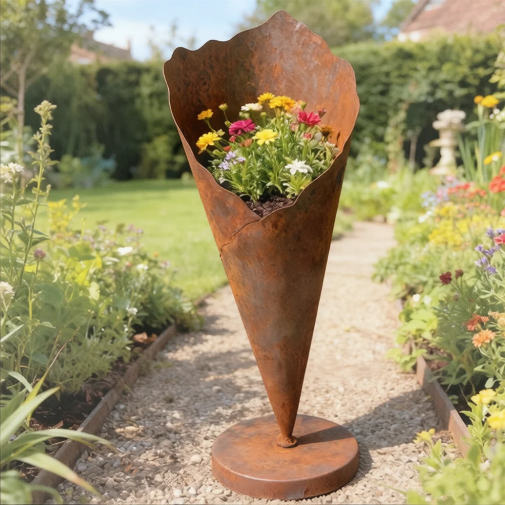 Retro Style Metal Flower Pot Rusty Finish Ice Cream Cone Planter Unique Iron Craft For Patio Yard Garden Plant Container