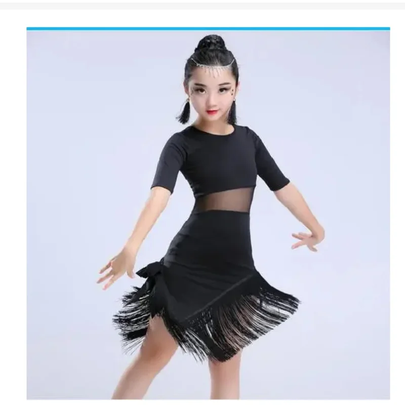 1 pcs/lot child girls Latin dance dress fringe Latin dance clothes salsa costume black red ballroom tango dresses