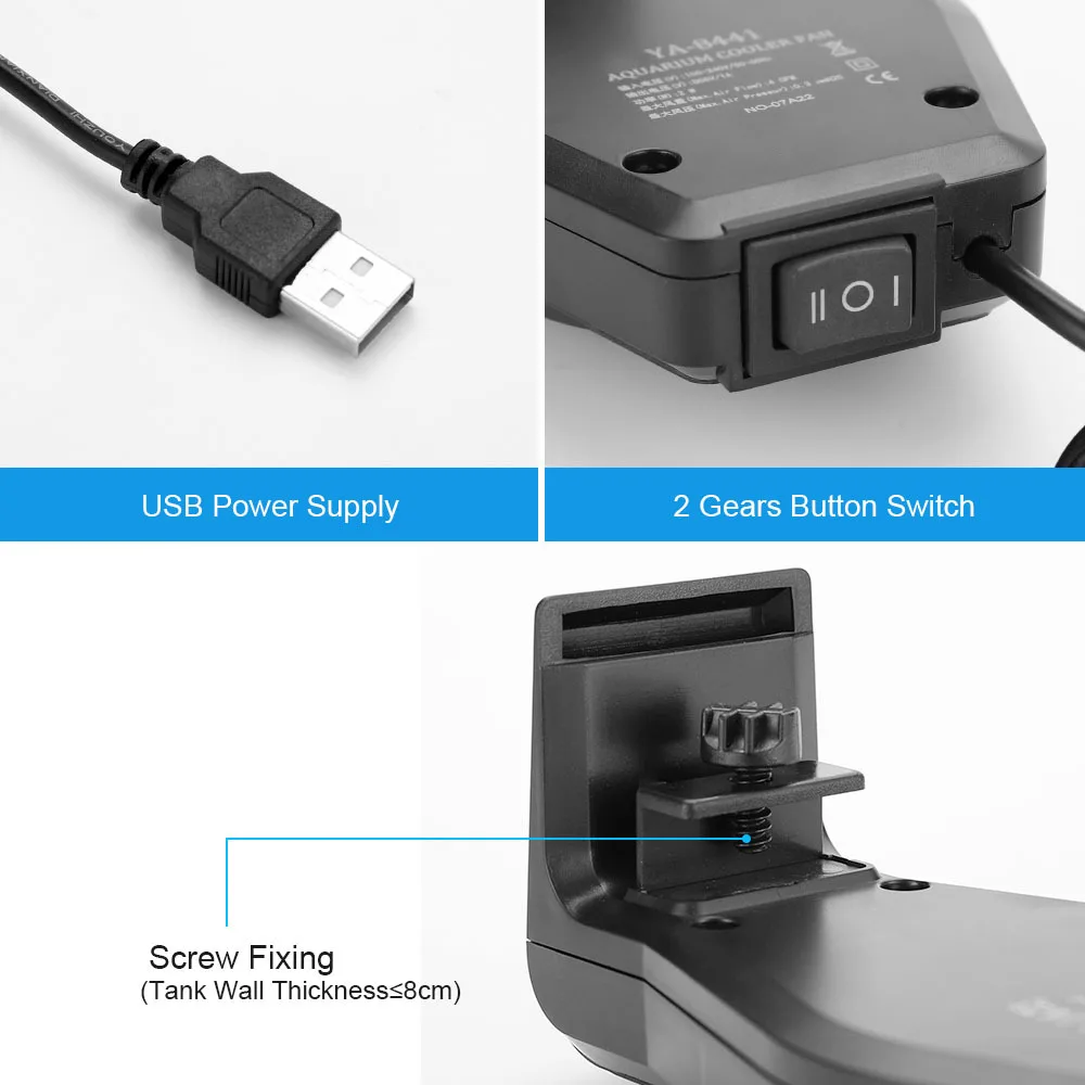 Aquarium Cooling Fan System, Ventilador do tanque de peixes, USB Aquarium Fan for Salt, Água doce com 2 velocidades do vento, Ajustável