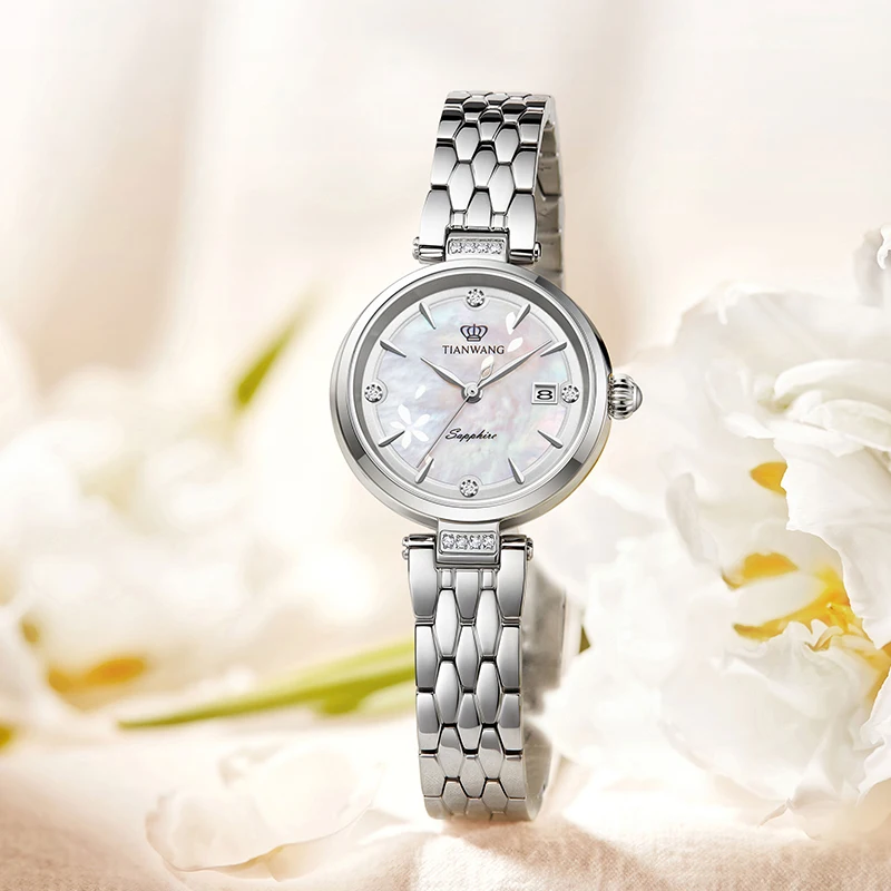 TIAN WANG Women Watches 26mm Dial Fashion Quartz Wristwatches Flower Series Small Petal Ladies Waterproof Stainless Steel Clocks