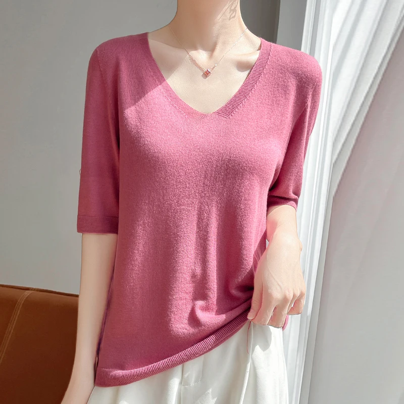 Strickpullover aus 100 % Merinowolle mit V-Ausschnitt aus Silberdraht für Damen im Frühling und Sommer, neues nahtloses, kurzärmliges Hemd