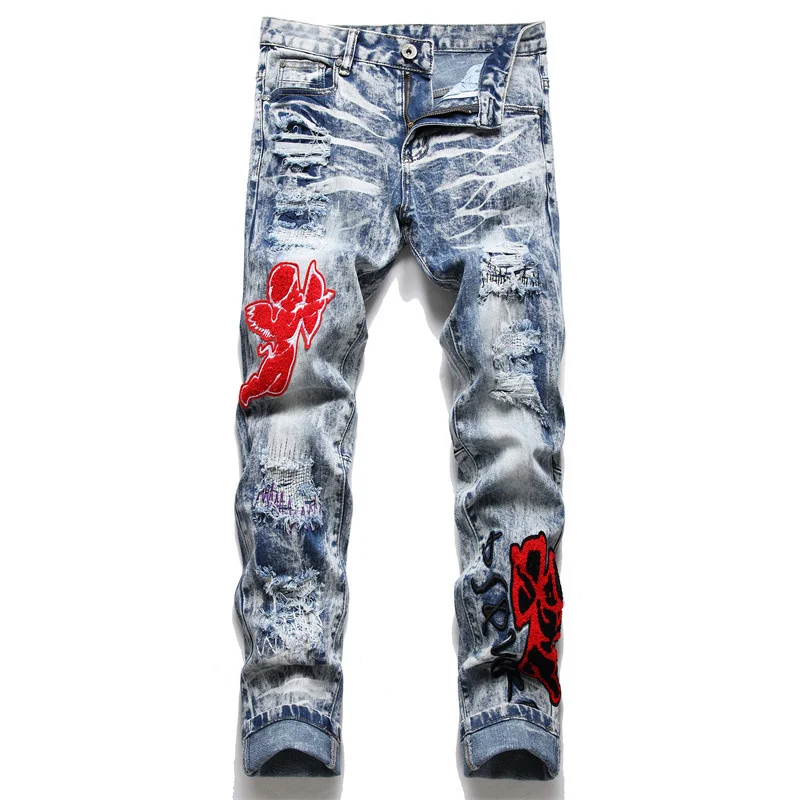 Autumn Men's Mid-Waist Jeans Blue Ripped Stretch Pencil Pants Fashion Embroidery Hip Hop Motorcycle Denim Trend Brand  Clothing