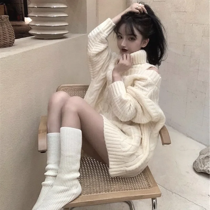 Autumn Winter Korean Style Women Turtleneck Knitted Sweaters Fashion Wild Knitwear Outwear Female Sexy Off Shoulder Pullovers