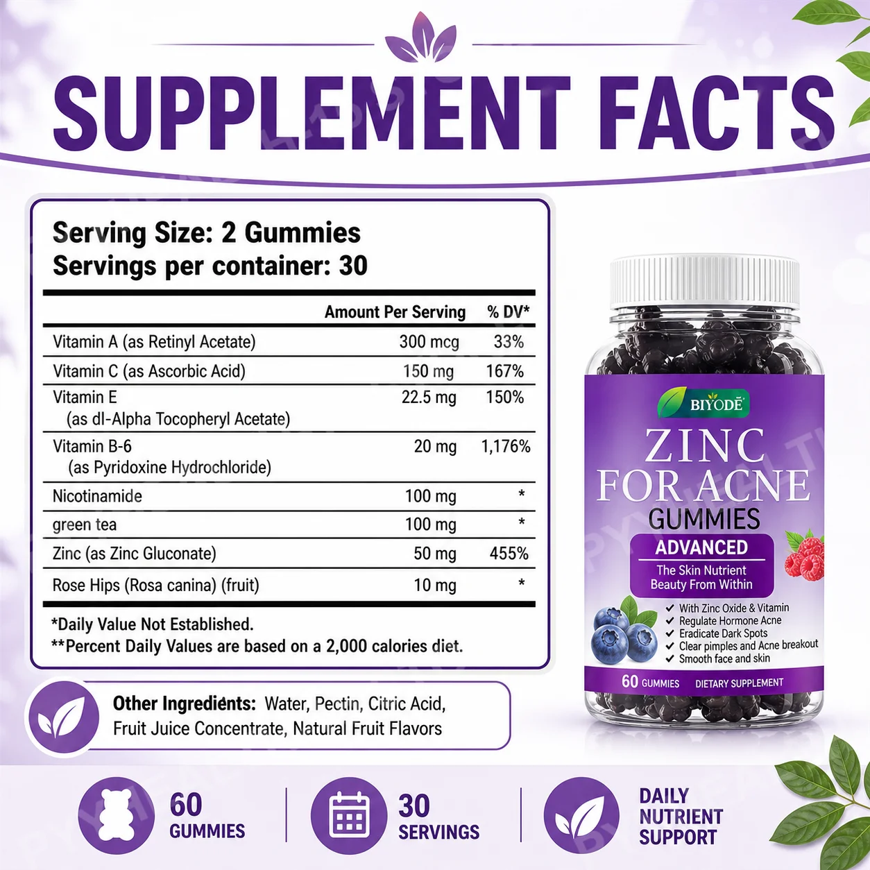 Biyode Zinc Gummies with Vitamin C Niacinamide Green Tea & Rose Hips, 60 Ct Daily Skin Wellness Supplement for Men & Women