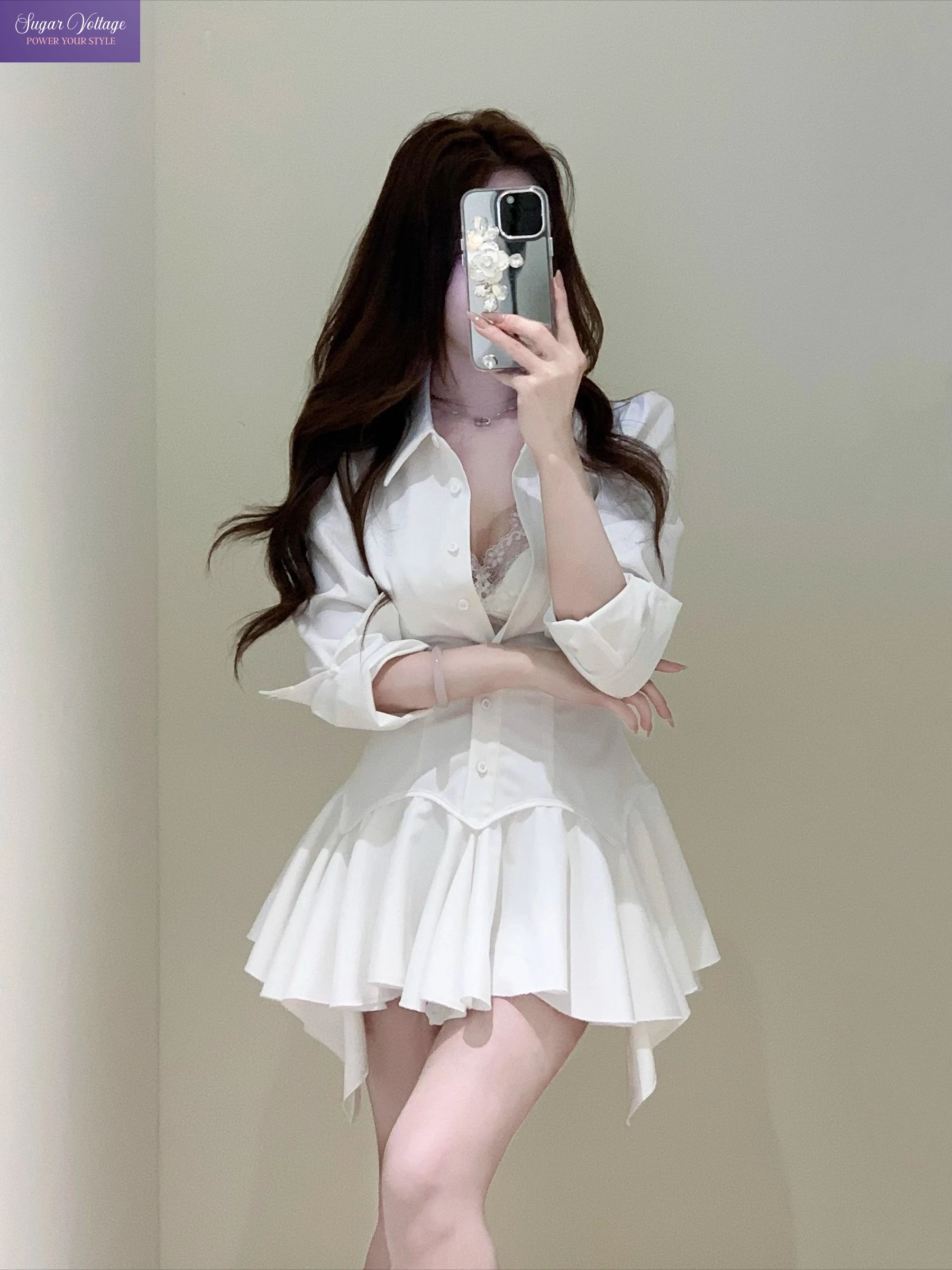 Y2K เพียว ดีไซร์ เสื้อเชิ้ตปิดไหล่กระดุมลงชุดผู้หญิงฤดูใบไม้ผลิใหม่ไม่ซ้ำกันสลิมฟิตเอวชุดมินิหรูหราเซ็กซี่ชิคชุด