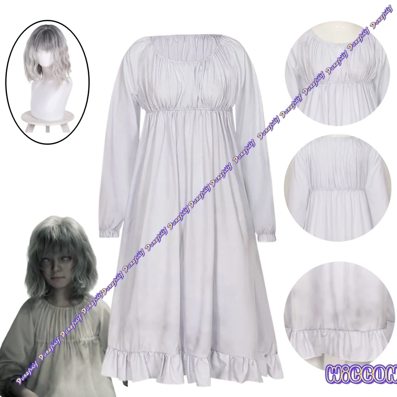 

Game RE Emily White Ruffled Dress Cosplay Set Silver Wig for Adult Halloween Carnival