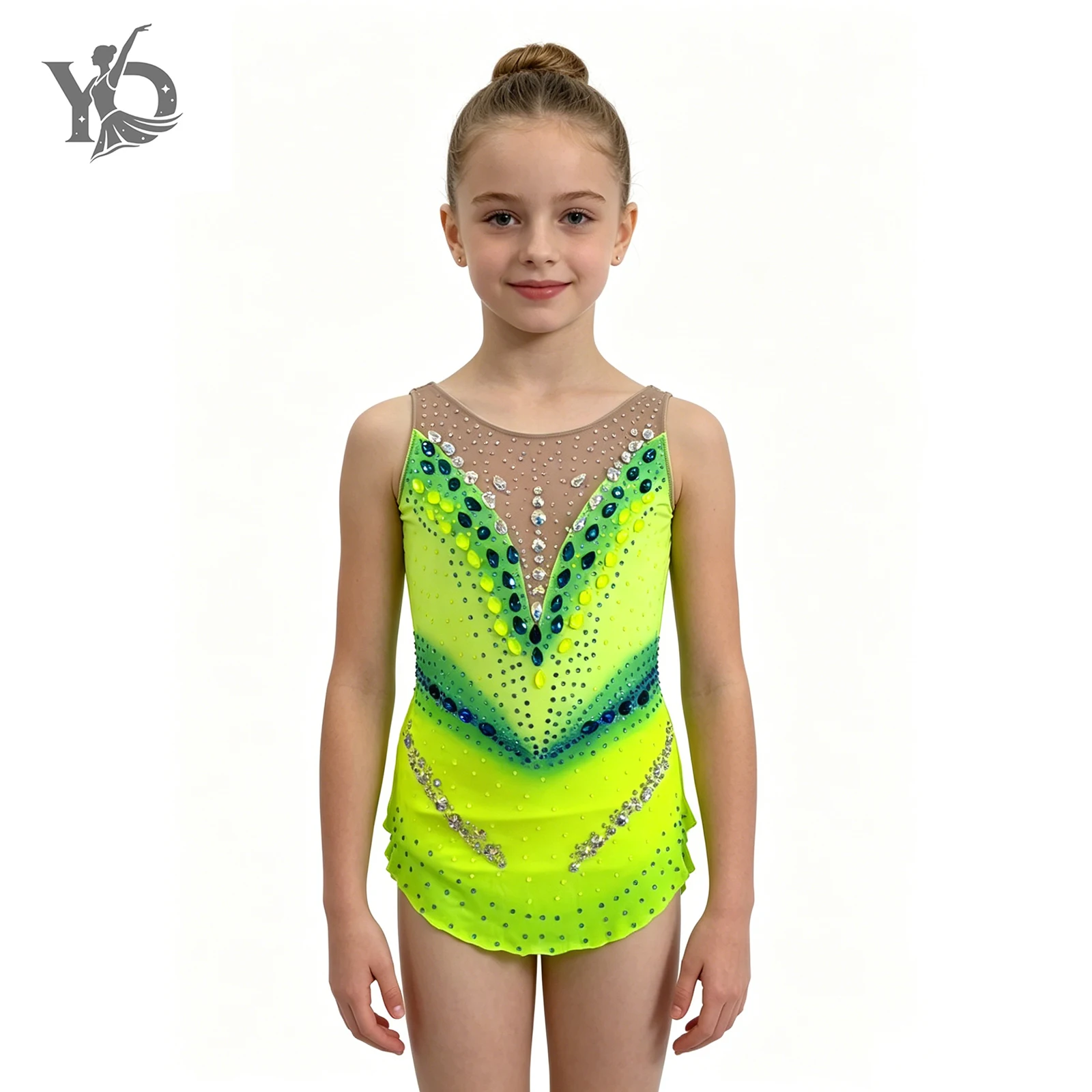 Maillot de Gimnasia sin Mangas para Niñas, Verde Fluorescente Degradado, con Cristales, Escote de Malla Transparente, Traje de Danza