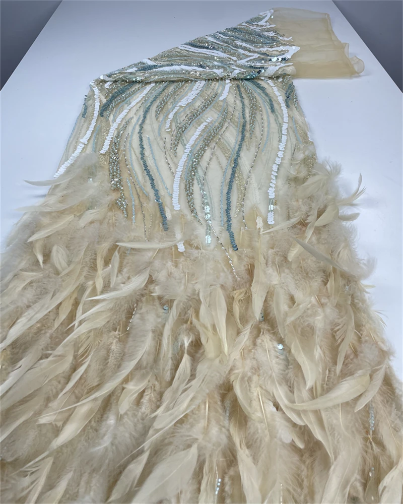 High-End African Nigeria handgemachte Perlen 3D Feder Stickerei Französisch Pailletten Spitze Stoff für Abendkleid Hochzeit