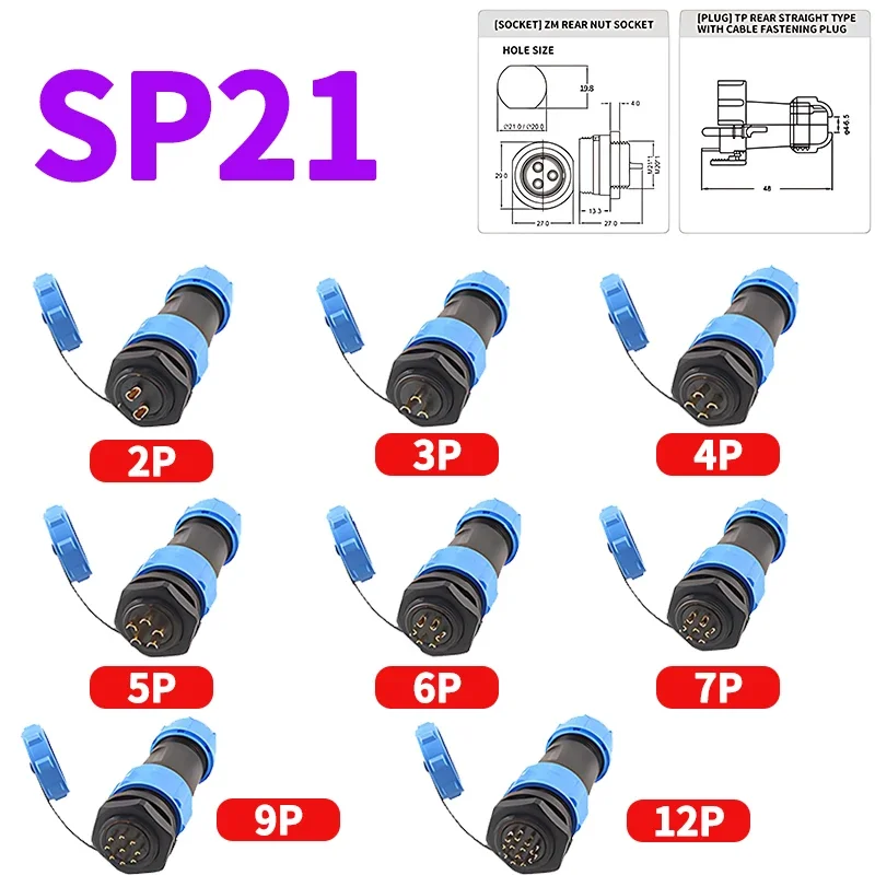 SP13 SP16 SP17 SP20 SP21 Waterproof IP68 Aviation Connector Male Female Plug Thread Socket Butt Rear Nut,2/3/4/5/6/7/9/10/12Pin