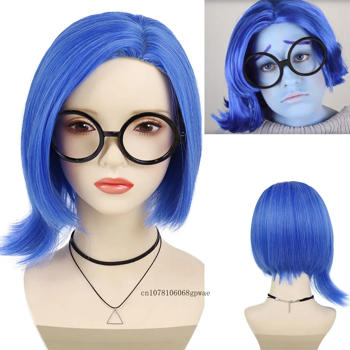 

Blue Wigs Costume Set Synthetic Short Bob Straight Wigs with Glasses for Women Girls Cosplay Halloween Party Use Heat Resistant