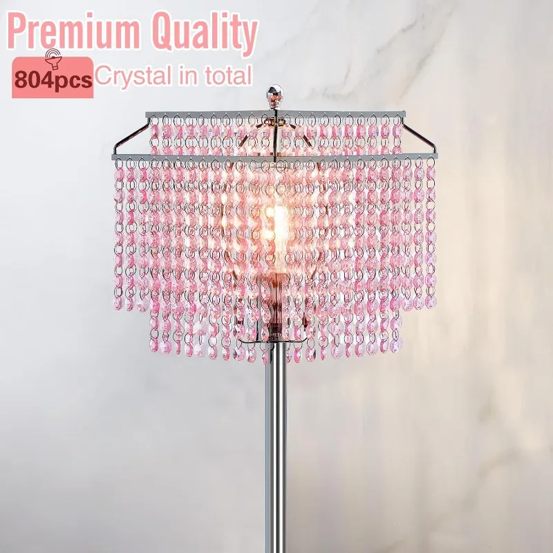 Kristallen Vloerlamp, 64 "Hoge Moderne Staande Lampen Met Dubbellaagse Lampenkap, Roze Paallamp