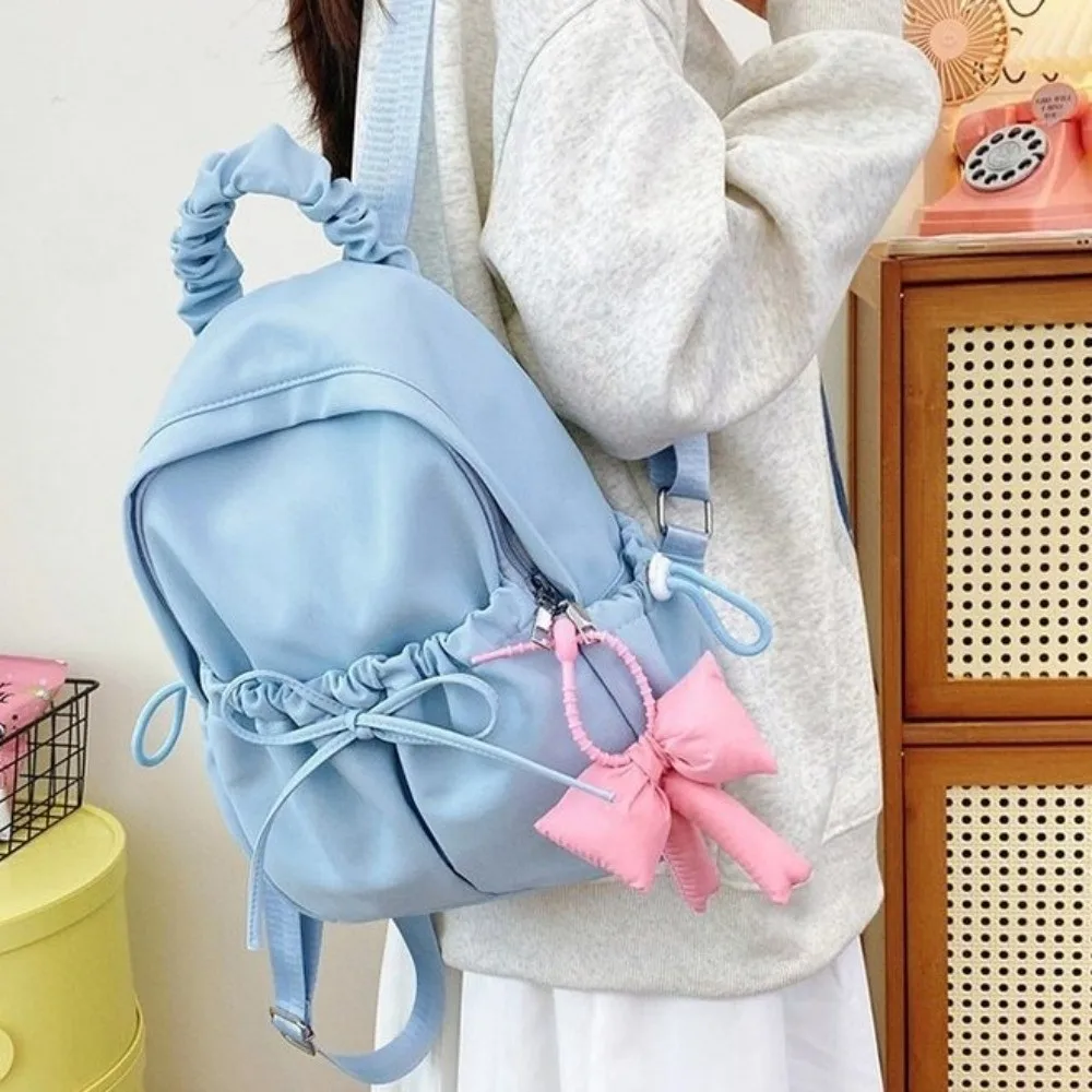 Korean Style Nylon Student Drawstring Backpack Large Capacity Ruched Design Travel Rucksack Soft Lightweight Bow Daypack School