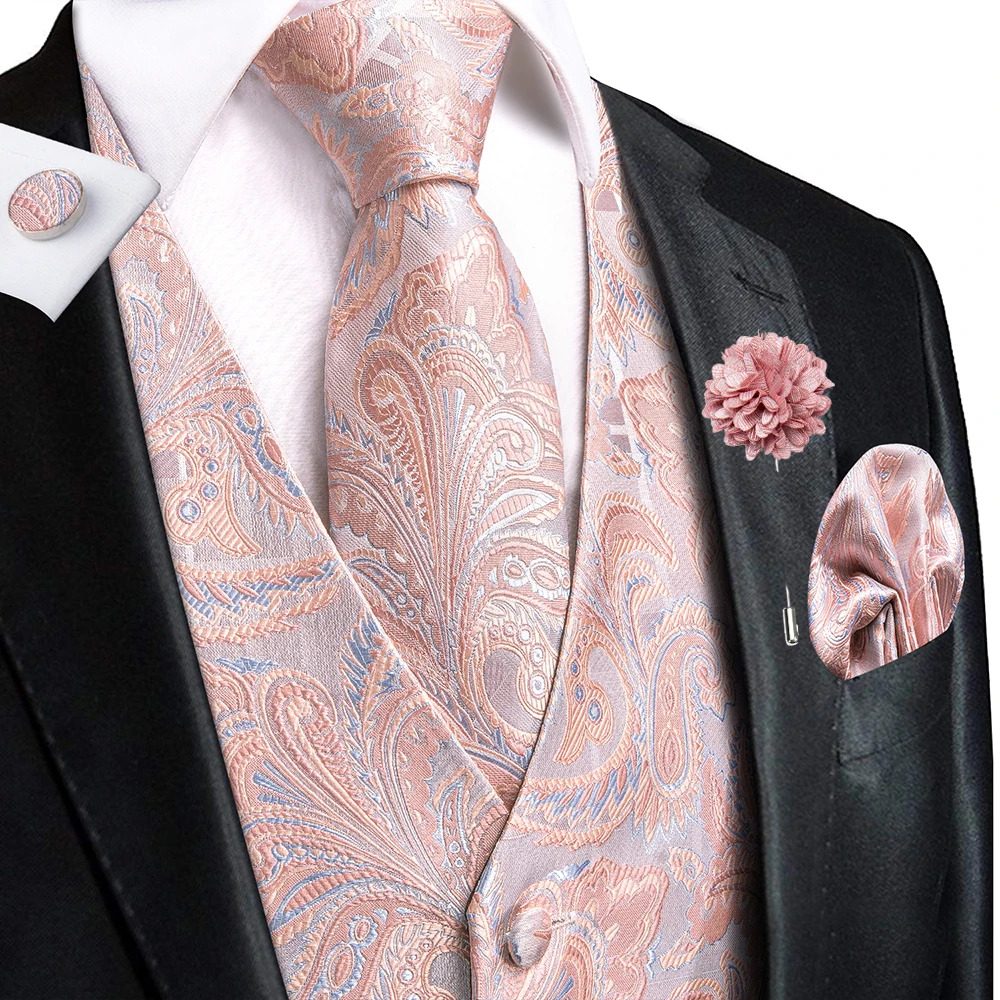 Hi-Tie Fashion Silk Mens Vests Coral Pink Paisley Jacquard Waistcoat Tie Hanky Cufflinks Brooch Set Wedding Formal Business Gift