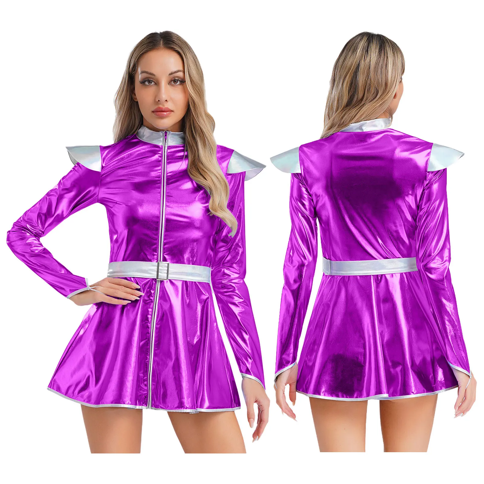 

Halloween Carnival Alien Outer Space Robot Role Play Fancy Dress Adult Women Fashion Metallic A-line Alien Performance Dress