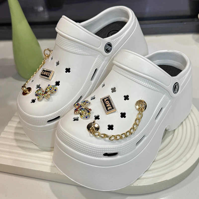 2025, Metallkette, klobige Plattform, Clogs, Sandalen, Damen, Diamant-Schmetterling, Keil-Hausschuhe, Damen, Sommer, rutschfeste Strandsandalen, weiblich