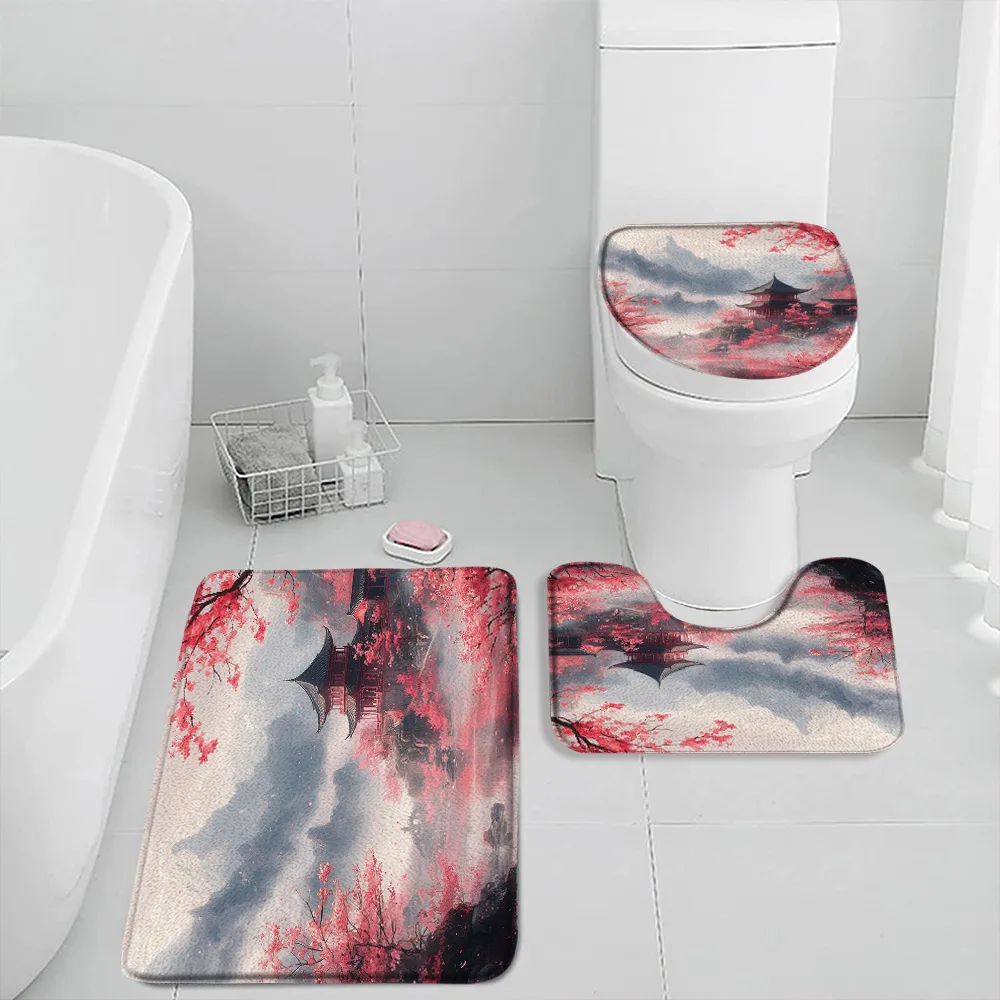 

Japanese Style Landscape Bath Mat Set Cherry Blossom Floral Mountain Pavilion Ink Art Bathroom Decor Non Slip Rugs Toilet Cover