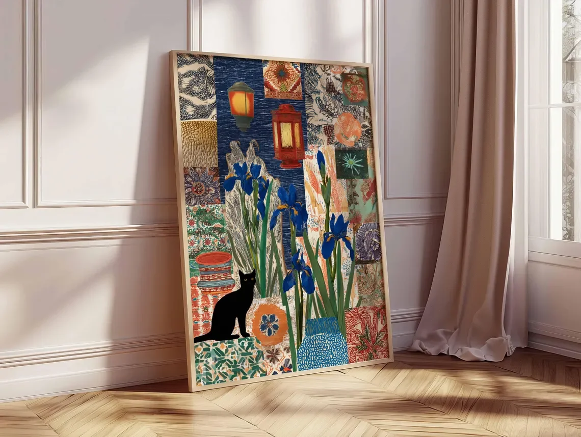 Boho Cat Poster, Moroccan Lantern Wall Art, Floral Collage Print, Vintage Oriental Artwork, Colorful Botanical Decor, Eclectic B