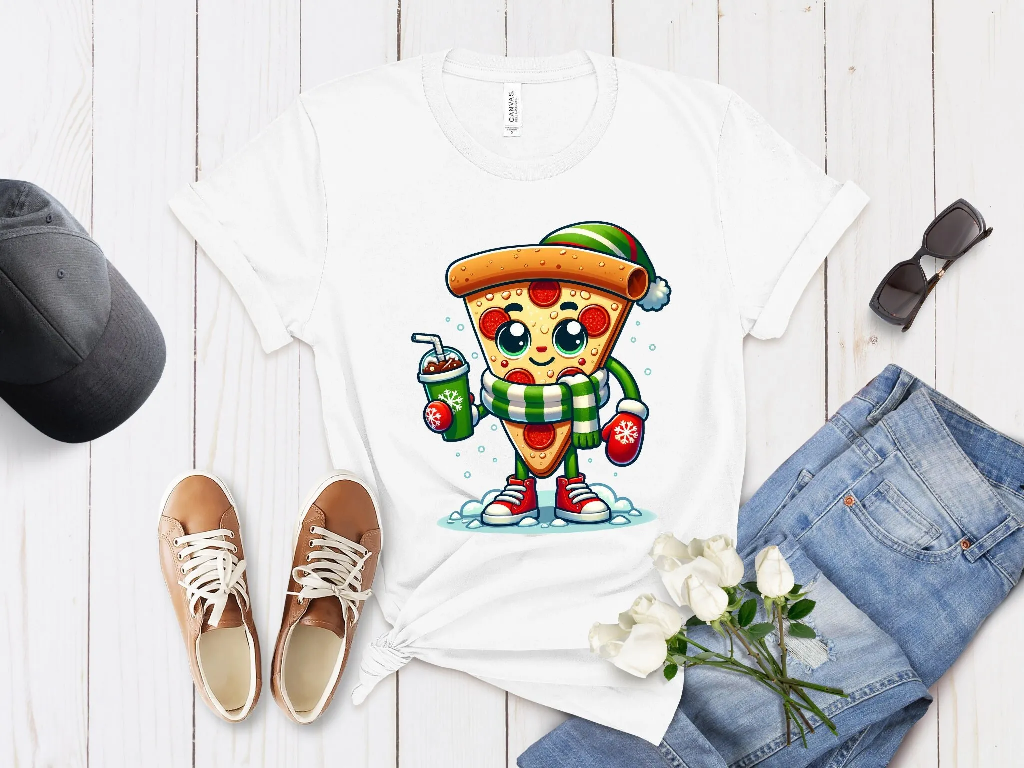 Unique Christmas Pizza Slice Character T Shirt DTG PrinT Scarf Gloves Coffee Cup Design Comfy Holiday Wear Top