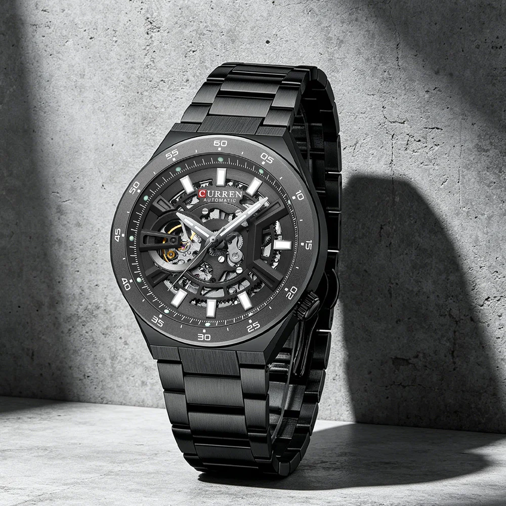 CURREN Skeleton Hollow Dial Automatic Mechanical Watch for Men 42mm Stainless Steel Band Business Sport Wristwatch with Luminous