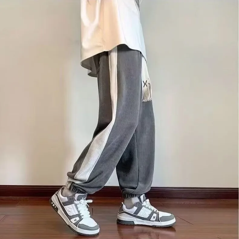 미국 트렌드 컬러 블록 코듀로이 남성용 가을 겨울 두꺼운 캐주얼 스웨트팬츠 루즈핏 엘라스틱 웨이스트 패션 브랜드