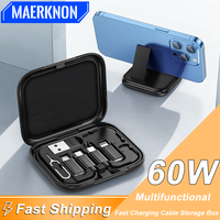 60W Fast Charging Cable Storage Box 4in1 MultiFunctional Compact Cable Card Mobile Phone Holder For iPhone Xiaomi Huawei Samsung