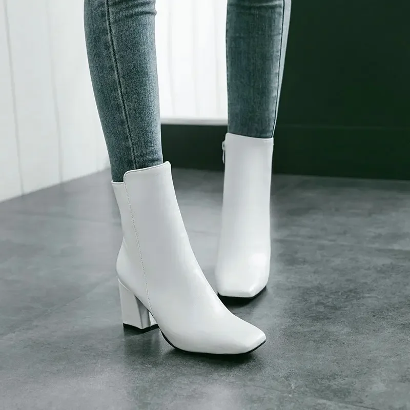 2024 New Women Side Zipper Мартин Cапоги Comfortable Ankle Boots Fashion Shoes Black Red White Square Heel Ladies Boats 32-43