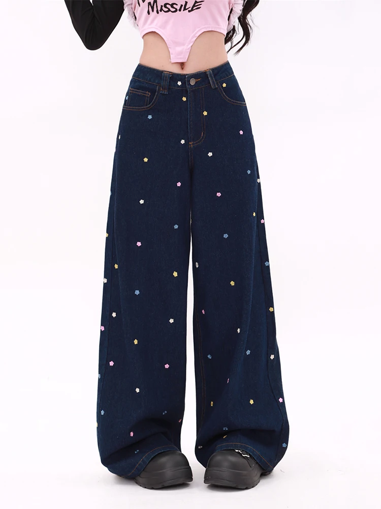 WCFCX STUDIO Flower Embroidery Jeans American Retro Straight Denim Trousers Women's Loose Versatile High Waist Wide Leg Pants