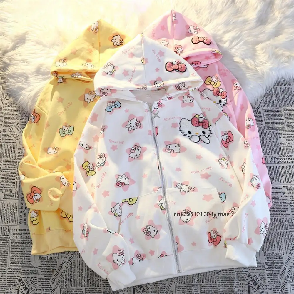 Cartoon Korean Version Cute Hello Kitty Flocked Embroided Coat for Women's Spring New Loose Hooded Zipper Sweatshirt Clothe Coat