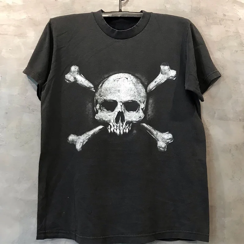 

American Trendy Brand High Street Style Vintage Retro Men and Women Loose Skull Short Sleeve Street Summer Casual T-shirt