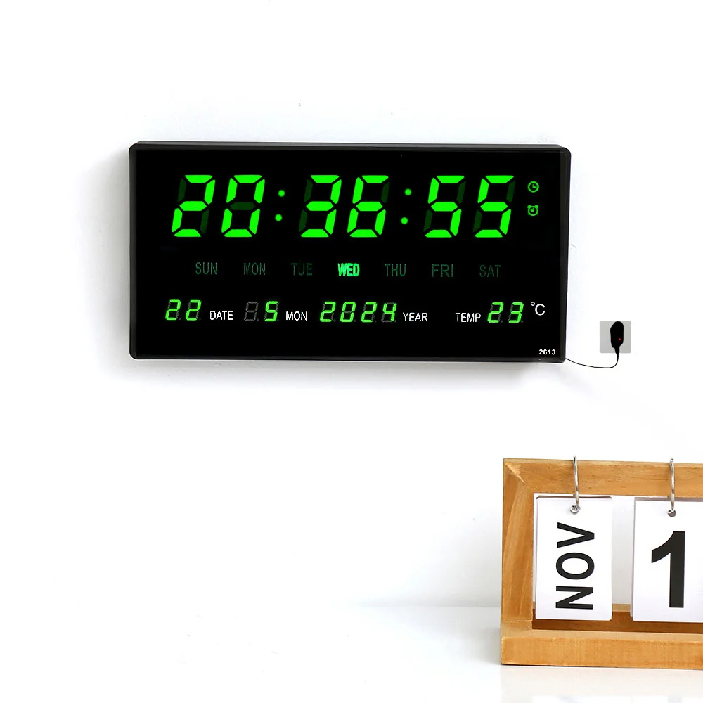 27x13x3cm Large Digital Wall Clock 4 Alarms Hourly Chiming TEMP Week Calendar Table Clock 12/24H LED Alarm Clock with Plug