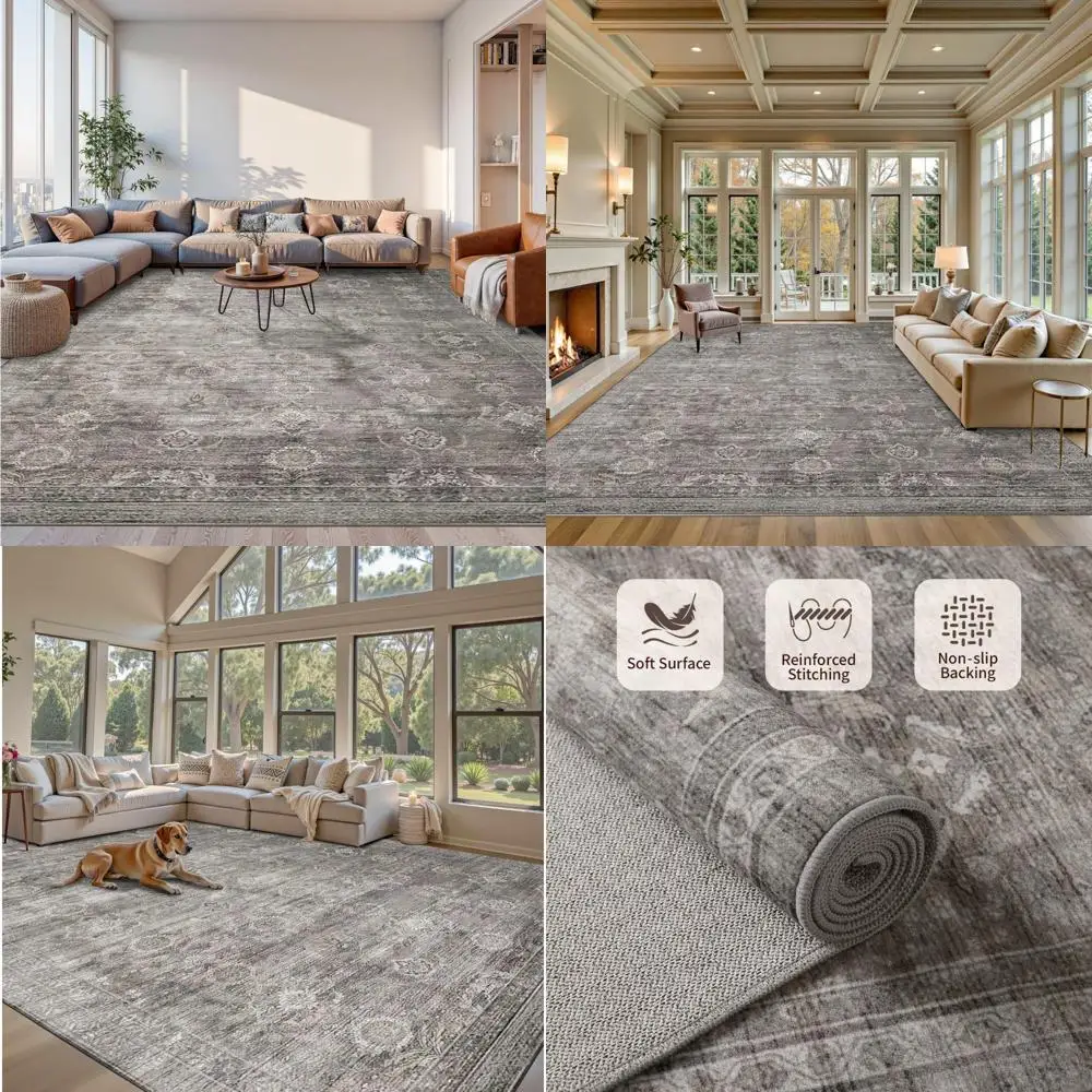 

Large Grey Vintage Boho Area Rugs, Washable & Non-Slip, Ideal for Living Room and Bedroom, Low Pile Faux Wool