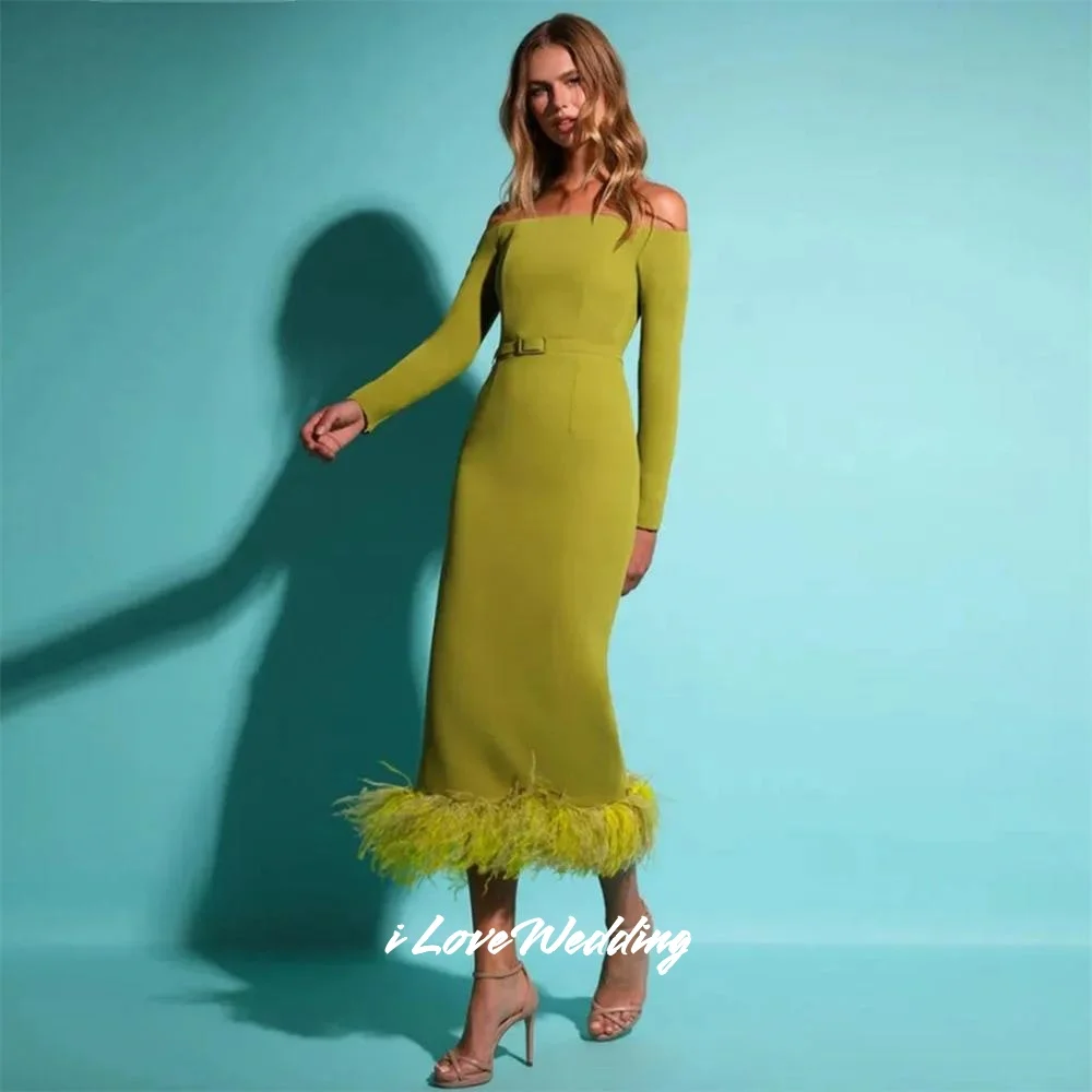 

Green Feather Belt Prom Dresses Satin Strapless Off Shoulder Long Sleeve Backless Mermaid Evening Dresses Tea-Length Customized
