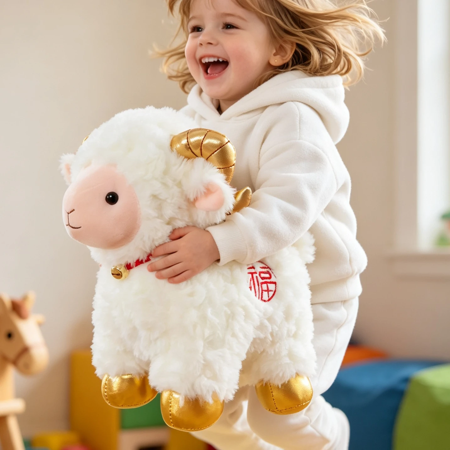25cm Lucky Sheep Plush Toy Soft Stuffed Animal with Bell Mascot for Company Annual Party Corporate Gift Event Decoration