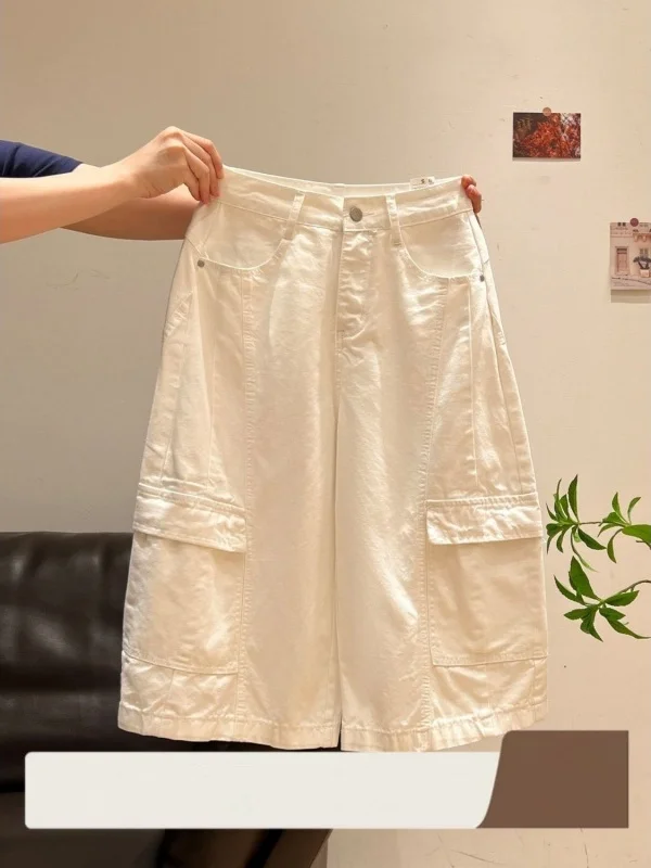 White Multi-Pocket Wide Leg Pants Women's Casual Style Korean Workwear Summer New Loose Slimming High Waist Commute Wind