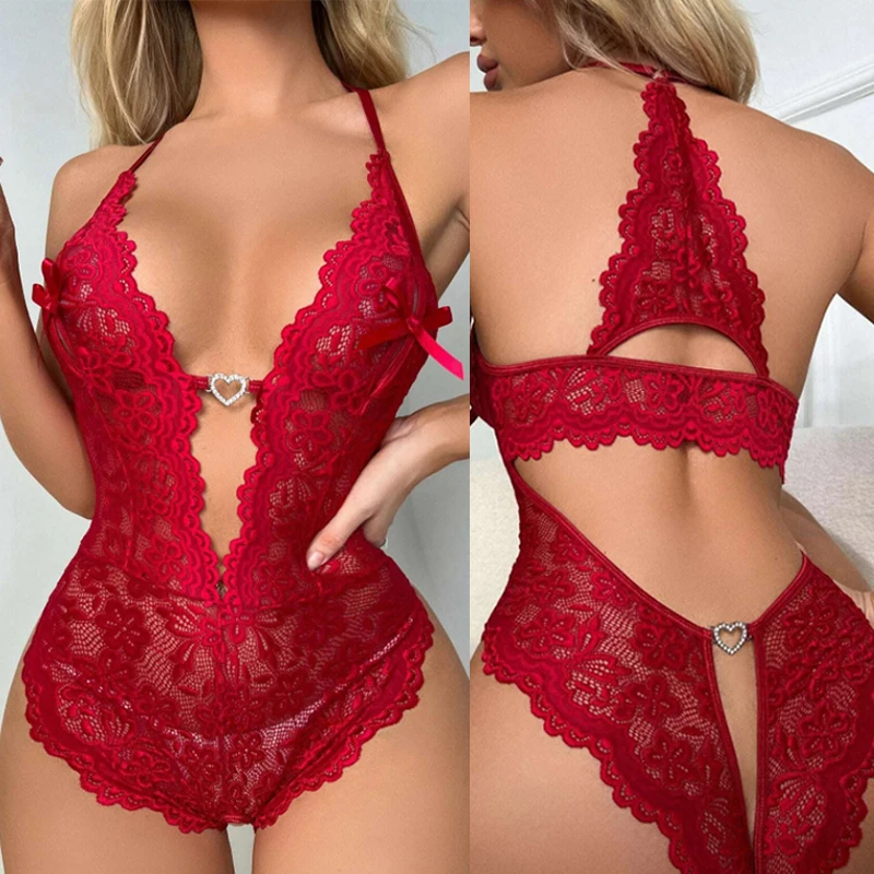 Babydoll Underwea Hot Red Sexy Crotchless Bra Set Lingerie Nightwear Lace Hollow Bras Sets Deep V Open Romantic Nightgown