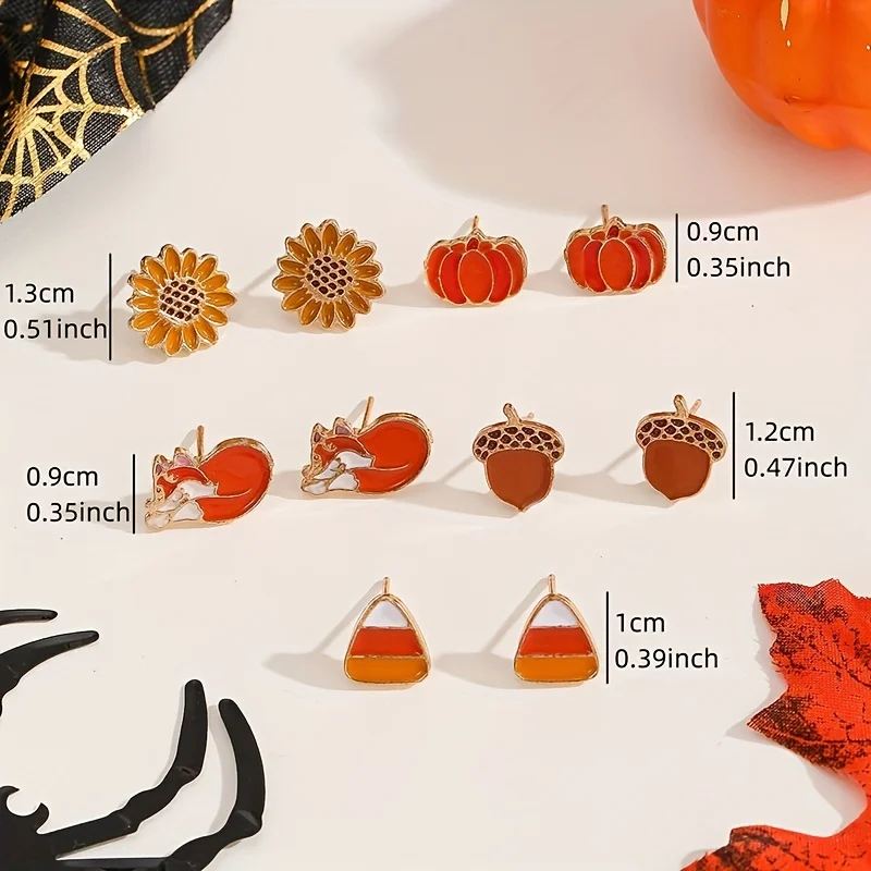 Vedawas 5 paia/set Witch Hat Bat Pumpkin Corn Candy orecchini Set,Halloween ringraziamento accessori donna